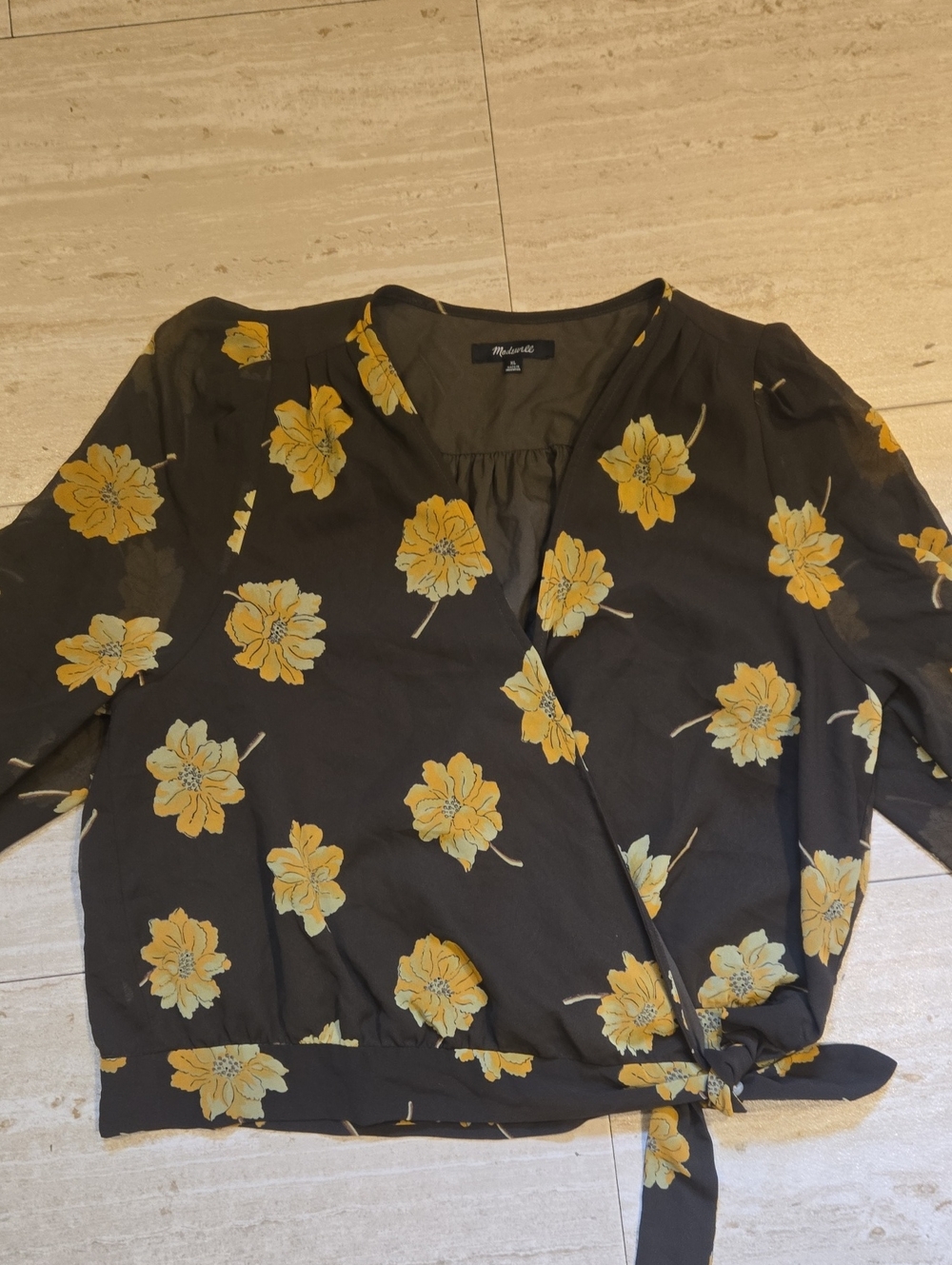 Madewell Effie Chiffon Floral Wrap Olive Green Blouse with Yellow Floral Print